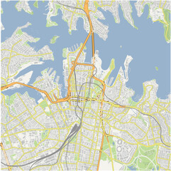 Map of Sydney center in Australia in a normal road map style. Contains layered vector with roads water, parks, etc.