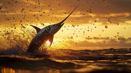 Wall Mural - a marlin leaps from the water at sunset, creating a spray of water droplets.