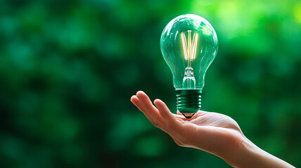 A person holds a glowing lightbulb in their hand against a natural green backdrop outdoors