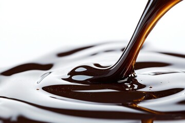 Rich, glossy liquid chocolate syrup cascading down in a smooth spiral, captured in a close-up detail.