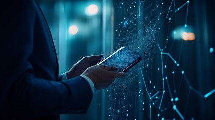Poster - a businessman interacts with digital data on a glowing screen while holding a smartphone in a modern
