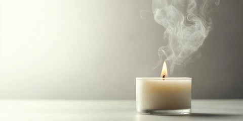 A lit candle emits a gentle flame and smoke in a serene setting, perfect for evoking calmness and relaxation.