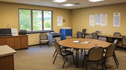 Sticker - A meeting room with a round table, chairs, and office equipment for discussions.