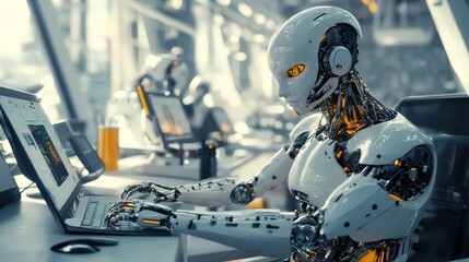Fototapete - A humanoid robot sits at a desk in a futuristic office, typing on a laptop.