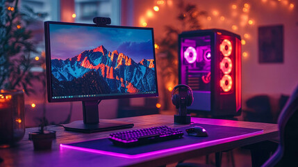 Poster - A powerful desktop computer on a clean desk with a vibrant sunset background on the monitor