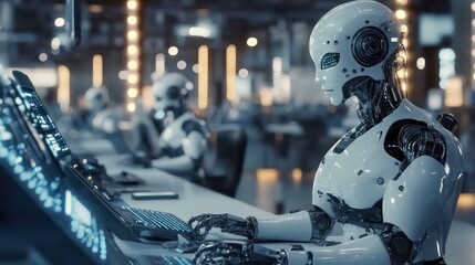 Poster - A white humanoid robot sits at a computer, typing on a keyboard with a serious expression, while other robots are in the background.