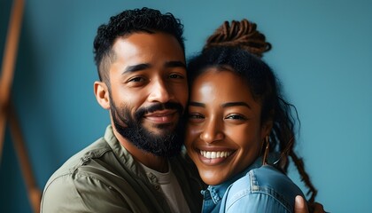 Tender embrace of an interracial couple showcasing love and trust in a serene blue backdrop, celebrating affection and commitment in a romantic studio setting