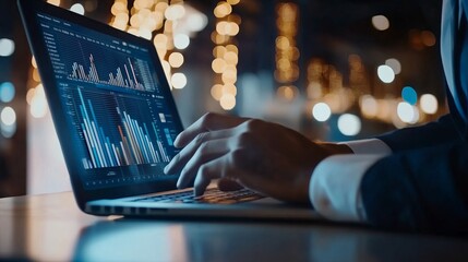 Poster - person analyzing digital data on a laptop in a modern workspace illuminated by soft lights during th
