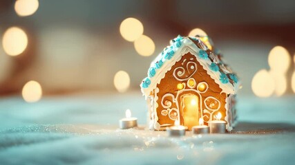 Wall Mural - An intricately designed gingerbread house features glowing candles, colorful icing, and a dreamy atmosphere created by twinkling lights