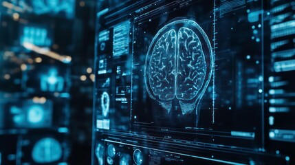 Fototapete - A hand reaches out to touch a digital brain scan displayed on a futuristic computer screen with multiple screens.