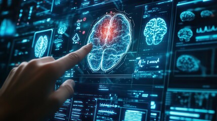 Poster - A hand points to a digital brain scan on a futuristic interface.