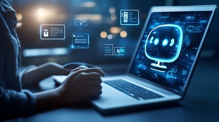 Poster - A person interacts with an advanced AI interface on a laptop in a modern workspace during the evening hours