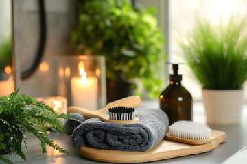 Bathroom scene with soft gray towels, bamboo brushes, candlelight, and indoor plants for a relaxing spa-like atmosphere. Sustainable self-care essentials, eco-friendly home decor