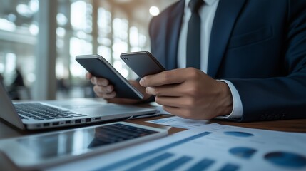 Poster - professional man in a suit multitasking with two smartphones while sitting at a desk with a laptop a