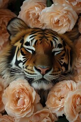 Wall Mural - Tigers face nestled in peach roses, soft natural light, closeup, gentle contrast between fur and petals