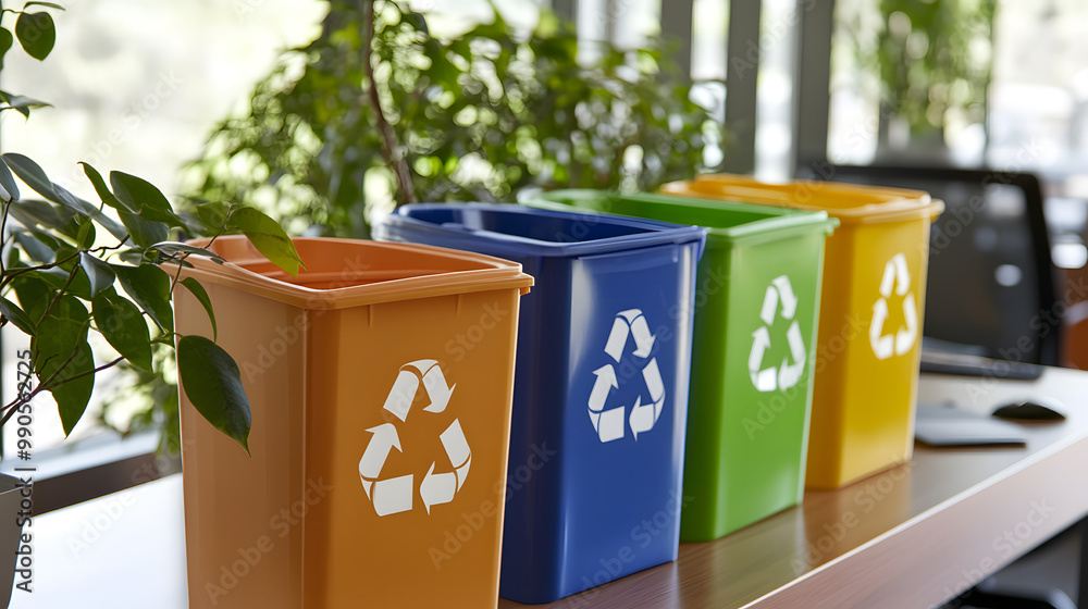 Office recycling bins in different colors for paper, plastic, glass ...