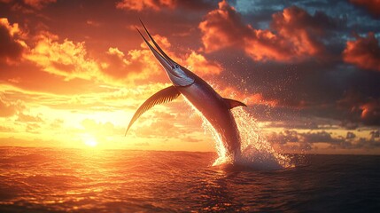 Wall Mural - a majestic sailfish leaps from the water at sunset, its long bill pointed towards the sky. the setti