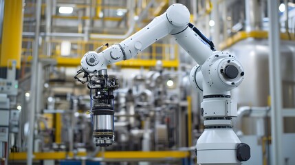 Poster - A robot is holding a camera in a factory. The robot is white and has a yellow arm. The factory is filled with machinery and the robot is surrounded by it