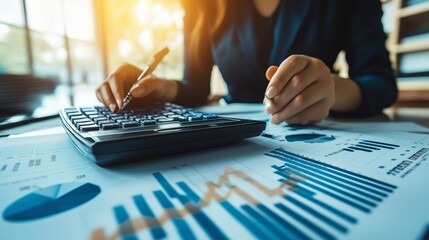 Poster - calculating financial data while analyzing charts in a modern office setting during the afternoon su
