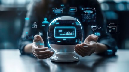 Aufkleber - A person's hands holding a glowing orb with digital data and graphics.