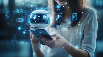 Poster - a woman interacts with a small robot companion while holding a smartphone amidst glowing digital ico