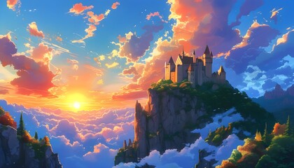 Enchanting sunset over castle hill, vibrant forest colors, and dreamy clouds in a beautiful emotional anime-style digital art illustration