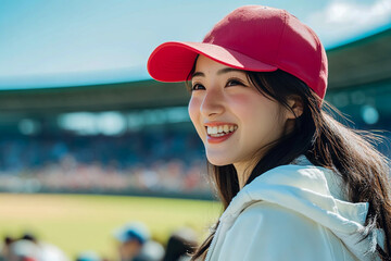 A woman, wearing a red baseball cap and a white jacket, is smiling at a Japanese professional league game.