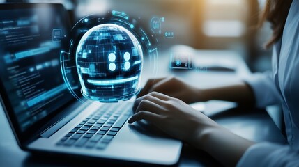 Poster - A person interacts with a laptop, engaging in digital technology projects while an advanced holographic globe displays data