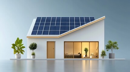 Modern house with solar panels and plants, stylish interior and exterior view.