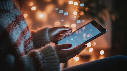 Poster - Cozy evening scene with a woman using a tablet for online shopping, surrounded by festive decorations, embracing the digital marketplace.