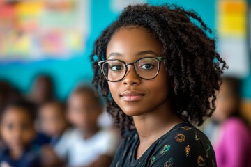 Black elementary school teacher holding a class in the classroom, Generative AI