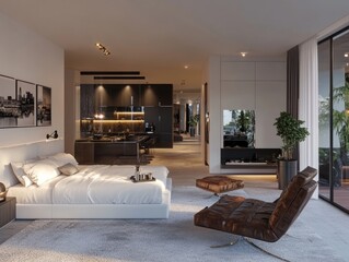 Modern apartment with a white minimalist bedroom, a dark and stylish living room, and an open layout filled with soft daylight during the afternoon