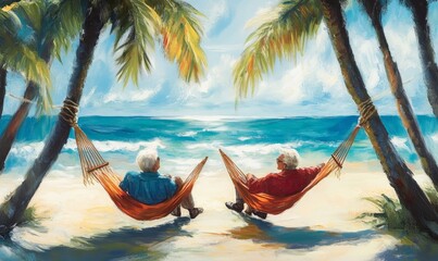 Wall Mural - Two men relax in hammocks under palm trees.