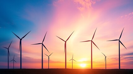 An array of wind turbines silhouetted against a vibrant sunset, symbolizing the transition to alternative energy sources. The scene allows for ample copy space.