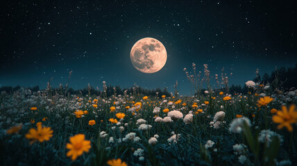 Wall Mural - A peaceful night scene with a glowing full moon centered in a starry sky, softly illuminating a field of scattered flowers below.