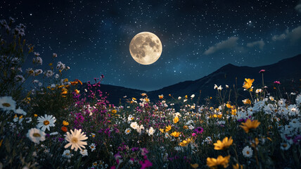 a peaceful night scene with a glowing full moon centered in a starry sky, softly illuminating a fiel