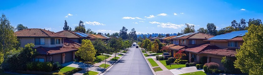 Rooftop solar panels on residential homes in a suburban neighborhood, under a bright sunny sky, symbolizing accessible green energy