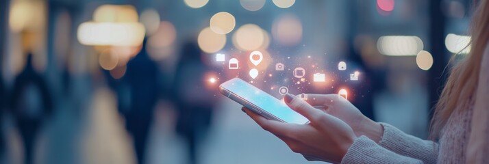 Poster - Close-up of a woman's hands holding a smartphone displaying social media icons, at night, symbolizing digital connectivity in an urban setting.
