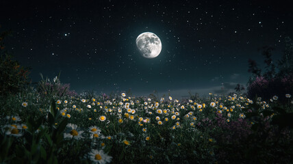 Wall Mural - A peaceful night scene with a glowing full moon centered in a starry sky, softly illuminating a field of scattered flowers below.