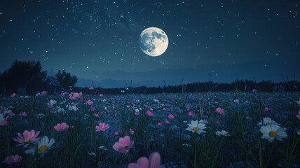 Wall Mural - A peaceful night scene with a glowing full moon centered in a starry sky, softly illuminating a field of scattered flowers below.