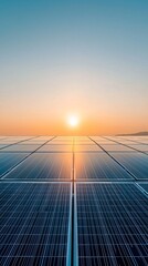 Poster - A close-up of solar panels reflecting the sun's rays, set against a clear sky. The minimalist background provides plenty of copy space for messaging or design elements.