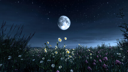 Wall Mural - A peaceful night scene with a glowing full moon centered in a starry sky, softly illuminating a field of scattered flowers below.
