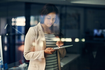 Poster - woman, tablet and night for planning in office, global communication and project management. female 