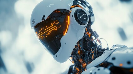Poster - Close-up of a futuristic robot's head with glowing yellow circuits and wires.