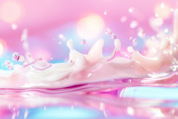 Poster - A colorful splash of water captures a whimsical moment, showcasing delicate droplets and waves against a soft pink and blue backdrop, creating an enchanting atmosphere