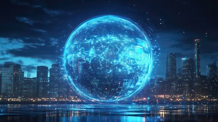 Poster - A glowing digital earth sphere levitates above a city skyline at night, symbolizing global interconnectedness and technology.