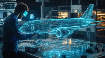 Poster - Man using augmented reality to view a 3D model of an airplane.