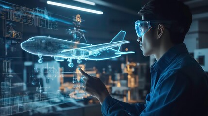 Poster - A man in safety goggles looks at a wireframe model of an airplane in front of a holographic screen.