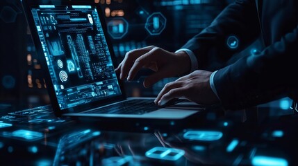 Poster - A professional engaged in cybersecurity analysis while using a laptop at night in a high-tech office environment