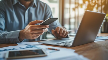 Poster - A professional working from home engages with a smartphone while reviewing documents and data in a modern workspace